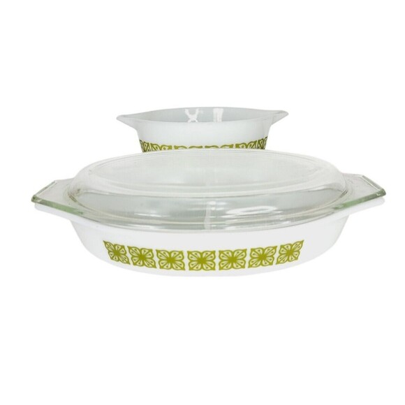Vintage 60s Pyrex Verde Square Covered Divided Dish & Casserole Dish Set - Picture 13 of 16